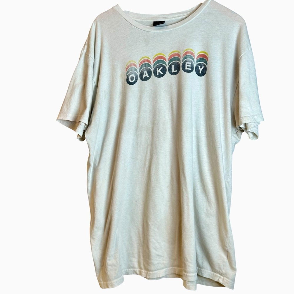 Vintage Oakley Stoner Graphic Trippy Logo Men's 2XL White Short Sleeve